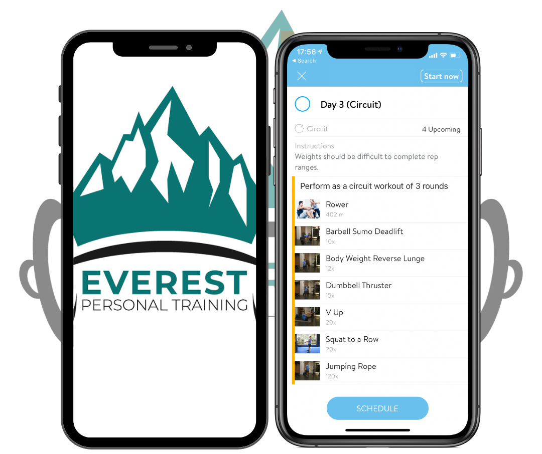 Two phones showing the Everest training app: the Everest Personal Training logo, and a Day 3 circuit workout listing exercises such as rower, barbell sumo deadlift and dumbbell thruster with target reps.